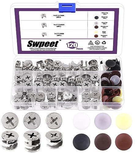 Swpeet 120Pcs 3 Sizes Silver 3-in-1 Furniture Connecting Cam Lock Fittings, Furniture Cam Lock Nut Connectors Fittings Hardware Bolts Furniture Connecting Lock Nut with Different Colors Cap