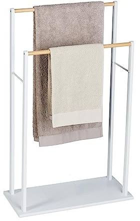 Relaxdays Handtuchständer, 2 Stangen, MDF & Bambus, HBT: 91,5 x 57 x 25 cm, freistehend, Duschtuchhalter Bad, weiß/Natur