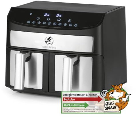 KOCHWERK Doppelkammer Heißluftfritteuse 7 L | Digitaler Edelstahl Airfryer mit Touchscreen & 10 Programmen | Frittieren von Speisen ohne Öl - fettarm | Smart-Cook Funktion | 2400 W
