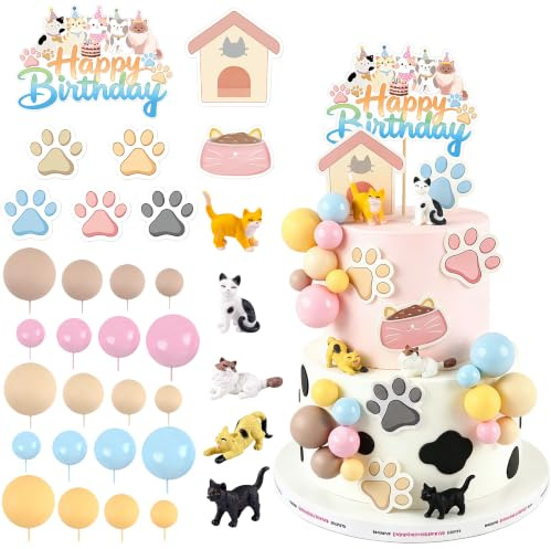 34 Stück Katzen Geburtstagstorte Dekoration Weiß Blau Rote Kugeln Kuchen Dekorationen für Kätzchen Baby Shower Haustier Kitty Geburtstagsfeier Torte Dekoration Materialien 3D Katzen Tischdekoration