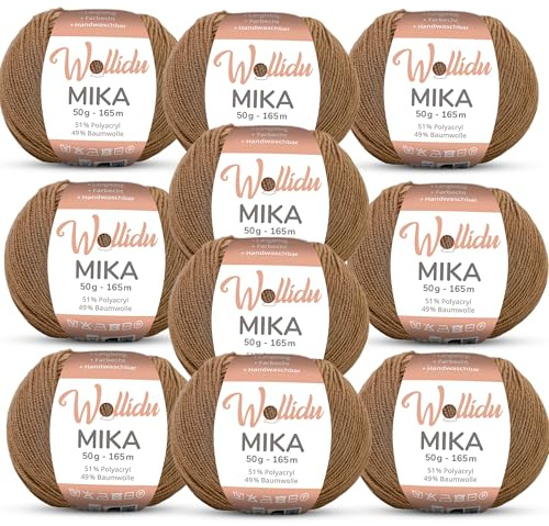 Wollidu Mika 51% Polyacryl 49% Baumwolle zum Häkeln und Stricken 10x 50g/165m Oeko-Tex Strickgarn Häkelgarn - Hellbraun