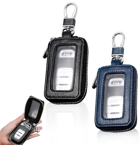 HOMURY 2 pezzi portachiavi auto: portachiavi vintage in pelle con chiusura lampo e moschettone, copertura protettiva per portachiavi, borsa universale per chiavi (nero, blu reale), nero, blu reale, 9