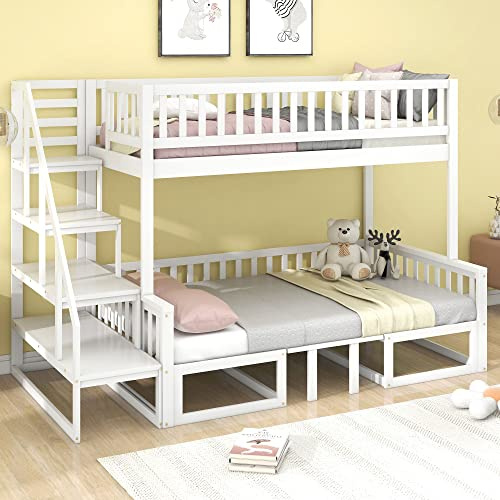 Moimhear Platzsparendes Etagenbett mit Treppe, mit verstellbarem Tisch, mit Holzsofa, Robustes Kieferholzgestell, Weiß (90x200cm&120 * 200cm)