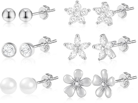 4/6Paar Mehrere Silber 925 Ohrringe Ohrstecker Kleine Set für Damen Mädchen | Silber 925 Ohrstecker Set Kleine Schläfer Knorpel Ohrringe Ohrsteck mit Zirkon Stein Blumen Herz Perlen Stern Mond Ohrsteck