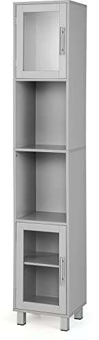 Multigot Bathroom Tall Cabinet (Grey) | Wooden Freestanding Slim Cupboard with 2 Open Shelves, 2 Tempered Glass Doors and Adjsutable Shelf