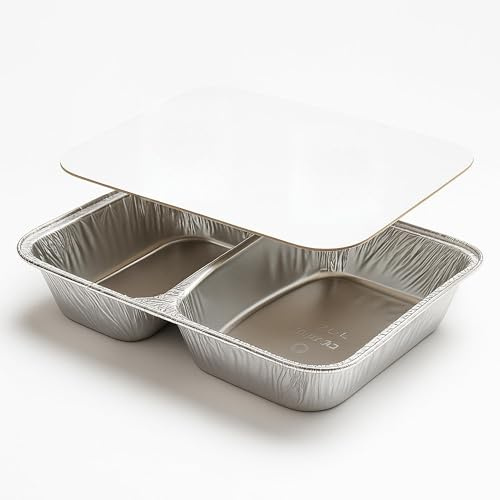 GM – 100 Contenitori Alluminio Bicomparto 400+350 cc con 100 Coperchi Alluminizzati, Vaschette per Alimenti a Due Scomparti Ideali per Forno, Congelamento, Gastronomia e Asporto Professionale