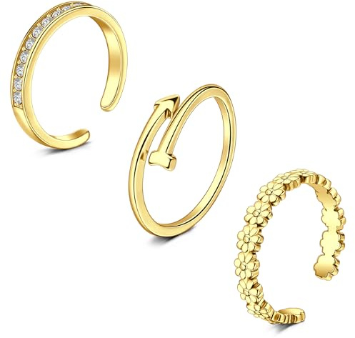 WillTen 2-4 st guld silver tåring rostfritt stål justerbar böjning öppen tåring, blompil löv enkel tunn CZ tå finger svansring sommar strand fot smycken set för kvinnor män, Guld Rostfritt stål