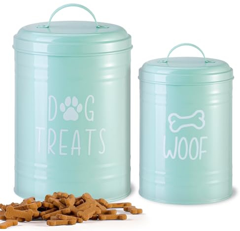 NIXBYO Rustik dekorativ hundgodisbehållare lufttät uppsättning med 2 – 23 x 13 cm och 18 x 10 cm metall hund kakburk för köksbänk, grön husdjursbehandling förvaringsbehållare