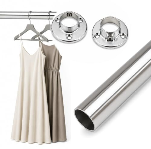 HOOZ® Kleiderstange für Schrank Rund Ø 24 mm 90 cm [SCHRANK- & WANDMONTAGE] Set inkl. Halter – Schrankrohr aus Stahl als Schrankstange & Garderobenstange für Kleiderschränke – Silber