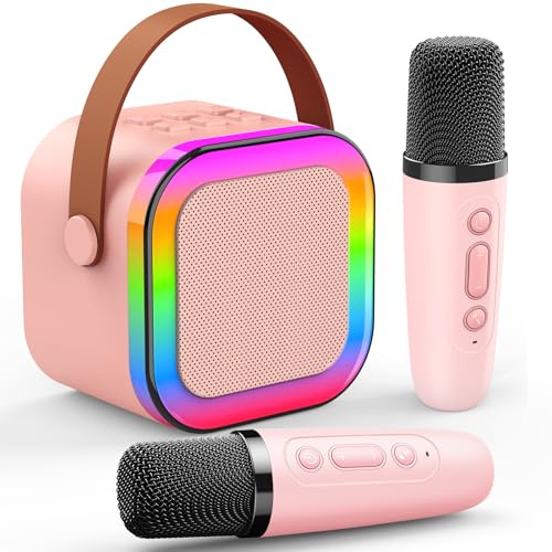 Delighkidz Karaoke Machine Toy for Kids Ages 3-12: 2 Mics LED Portable Bluetooth Microphone Gifts Toys for 4 5 6 7 8-12 Year Old Girls Kid Mini Speaker for Teens Indoor Outdoor Birthday Party Gift