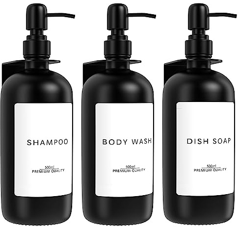 Lannvan 3er Set Seifenspender Wandbefestigung aus Glas - Edelstahl Pumpspender für Flüssigseife - 500ml Seifenspender Schwarz Matt - Kleben oder Bohren - Spülmittelspender
