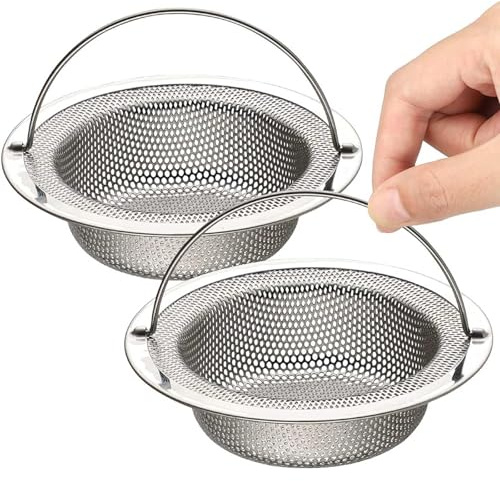 RSYHVG Paquete de 2 coladores de fregadero de cocina, colador grande de acero inoxidable con mango elevable, diámetro de 7,5 cm, filtro de drenaje antiobstrucción, cesta para recoger alimentos, borde