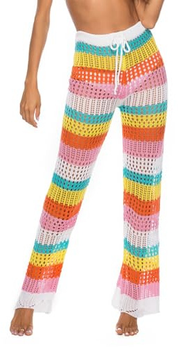 GIBZ Pantalon de Plage Coloré pour Femme Cordon de Serrage Taille Haute Cover Up pour Maillot de Bain Tricot au Crochet