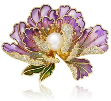 Dainty Flower Brooch Pins for Women Graceful Cubic Zircon Peony Pearl Enamel Badges Lapel Pins Trendy Banquet Prom Dress Jewelry Accessories Gift (Purple)