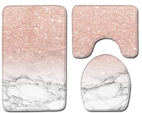Bad Teppiche Set 3-Teiliges Rosa Weißer Marmor WC Vorleger Mit Ausschnitt Badematte Saugfähig WC Deckelbezug Badvorleger rutschfest Waschbar Toilettensitzbezug Badgarnitur (45x75cm)