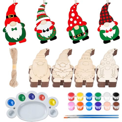 sizzlepop Weihnachts-Bastelset Holz 40 Stück – Wichtelanhänger zum Bemalen mit Pinsel, 12-Farb-Pigment & Palette, DIY Weihnachtsbaumschmuck für Kinder, Familien & kreative Deko