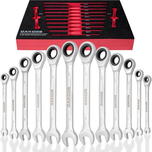 DAKCOS Juego de llaves combinadas de cabeza fija de 12 piezas de llaves combinadas de trinquete de 6, 7, 8, 10, 12, 13, 14, 15, 16, 17, 18, 19 mm con 72 dientes de acero al cromo vanadio
