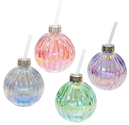 Widdle Gifts Christmas Bauble Shape Drinking Glass Set of 4 with Reusable Straw - Pearlescent Colours 2392
