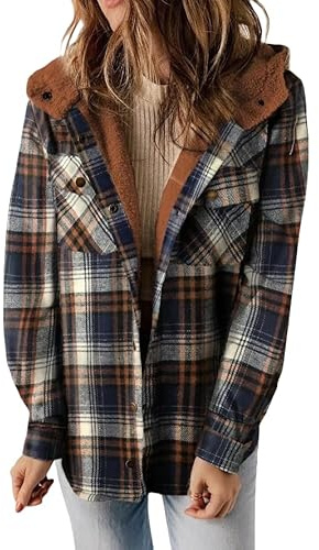 Hivebabe Chemise doublée en flanelle polaire pour femme Veste à carreaux à manches longues boutonnée Veste à capuche Manteau chaud