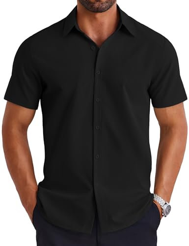 COOFANDY Herrskjortor kortärmade sommarskjortor casual affärer smarta toppar normal passform klassisk kent krage, Svart, XL