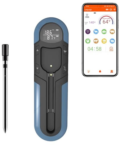 Termometro per Carne Wireless, Termometro per Carne Wireless Bluetooth Intelligente con Controlli APP e Impermeabile IP66, Termometro da Cucina Digitale con Portata 500FT, Termometro per Alimenti