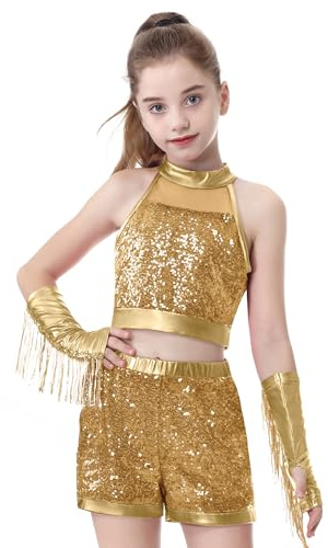 LOLANTA Completo Danza Hip Hop per Bambina, Top e Pantaloncini con Paillettes Scintillanti, Include Polsini con Frange per Jazz e Street Dance(Oro, 10-11 anni, 150)