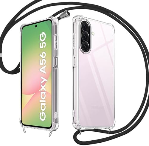 E-Lush Handyhülle für Samsung Galaxy A56 5G Hülle mit Band, Transparent Silikon Handy Hülle für Samsung A56 Schutzhülle mit Kordel Abnehmbar, TPU Stoßfest Case zum Umhängen Necklace, Schwarz