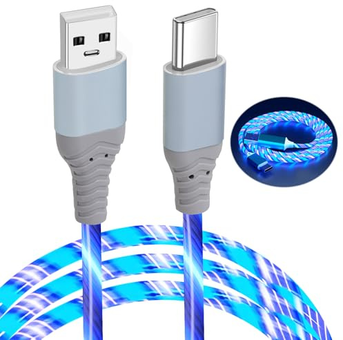 Tiryns 2M Câble USB C Lumineux, Rapide 3A Allumez Multi LED Chargement Bleu | Chargeur de Téléphone, Câble USB A vers Type C Charge Android pour iPhone Pro Max Samsung S23 PS5, Transfert de Données