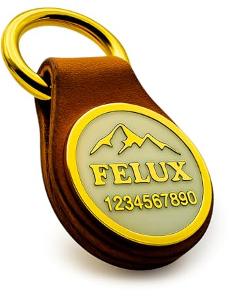 Felux - Personalisierte Hundemarke aus Echtleder und Edelstahl – Handmade in Deutschland – Individuell gravierbar mit 3D Name und Kontaktdaten (Mountain Spirit)
