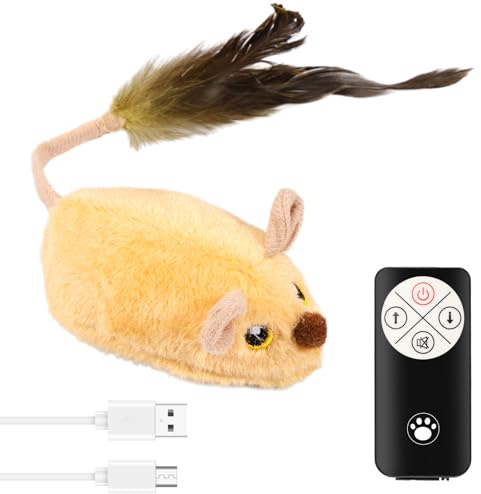 Katzenspielzeug Elektrisch Spielmaus mit Federschwanz Katzenspielzeug Maus Elektrisch mit LED Licht USB Realistische Mausgeräusche Interaktive Spielzeug Maus für Katze Hunde (Gelb + Fernbedienung)