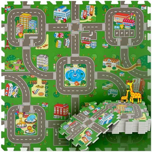 tectake® Tappeto Puzzle Bambini, Schiuma EVA Atossica, Tappetino per Bambino, Antiscivolo, Impermeabile, Motivo Strade di Città, Tappeto Gioco Bambini, Morbido, Gommapiuma, Giochi, 9 Pz 32,5 x 32,5 cm