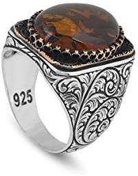 Jewellery Pit Anillo hecho a mano para hombres, anillo de plata hecho a mano turco para hombres, otomano, ámbar, plata oxidada