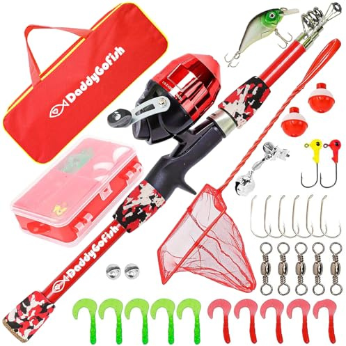 DaddyGoFish Kids Canna da Pesca - Canna E Mulinello Combo Tackle Box Set - Kit di Attrezzatura Piccola per Il Primo Anno per Ragazzi, Ragazze, Bambini E Ragazzi (Essential Set, Rossa, 5ft)