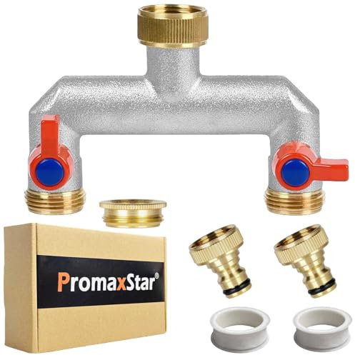 Brass Garden Hose Splitter, 1/2 inch and 3/4,2 Way Tap Connector with On/Off Valves and Extended Handle, Hose Pipe Splitter Wide Can Mounting Two Water Timer Meanwhile