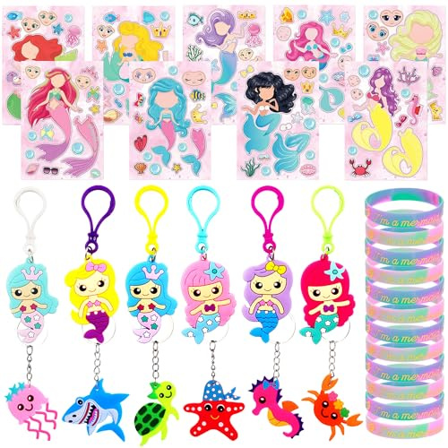 Mermaid Party Fillers Keychain Wristband DIY Sticker Party Favor Supplies | Mermaid Pinata Party Supplies Filled Party Bags for Girl