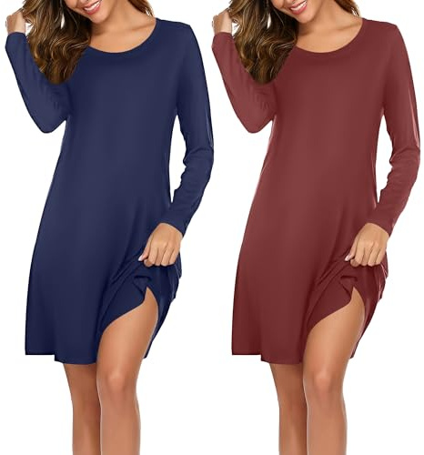 Ekouaer Nattlinne dam vinter långärmad 2 st nattlinne rund hals sexiga nattkläder S-XXL, Röd + blå, XXL