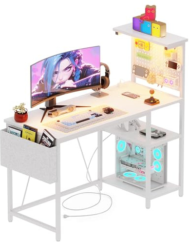 Xyphren Gaming Desk with Pegboard & Power Outlet & LED Light, Small Computer Desk with Reversible Shelves for Corner Home Office Desk, 100 * 50cm, White