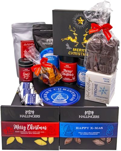 Hallingers Genuss Manufaktur Feinkost Weihnachts-Geschenk-Set - XXL-Geschenkkorb Merry Christmas große Selektion Pralinen, Lebkuchen, Gewürz, Nougat, Badezusatz & mehr, Weihnachten für Frauen Männer