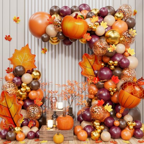 Kit d'arche de ballons d'automne de 202 pièces avec ballons de couleur orange, marron, bordeaux – Citrouilles, pommes de pin et feuilles d'érable – Ballons de Thanksgiving pour Thanksgiving, automne