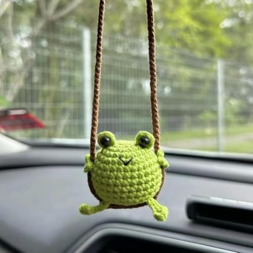 Crochet Swinging Frog Car Mirror Hanging Decor, Cute Aesthetic Car Accessories for Women, Knitted Rearview Mirror Ornament, Perfect for Home Office Car Interior Decor