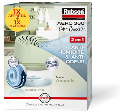 Rubson Absorbeur d'Humidité Aero 360° Couleur Amande (1 Appareil +1 Recharge de 450g) -Absorbeur Anti-humidité pour pièce jusqu'à 20 m² - Déshumidificateur d'air, Elimine les odeurs et anti-moisissure