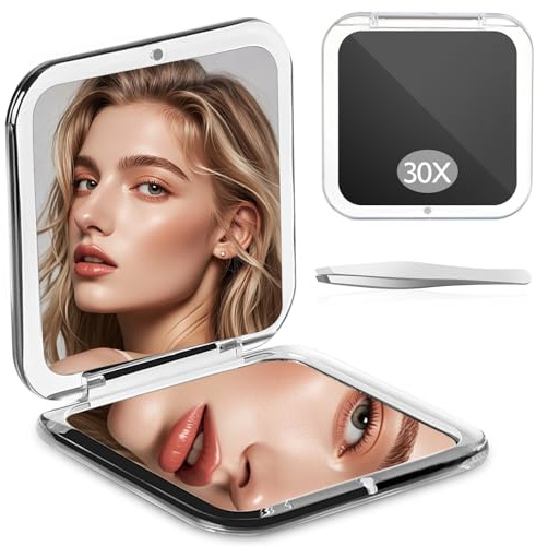 Zikenis Miroir Grossissant, 1X/30X Loupe, Kleiner Miroir de Poche, Miroir de Maquillage sans Tain, Interrupteur Magnétique, Pliable, Portable Miroirs Grossissant de Voyage (Noir)