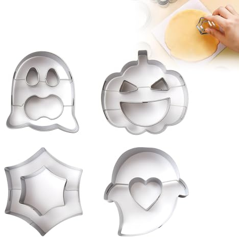 Halloween Cookie Cutters Set 4 Pieces Mini Stainless Steel Halloween Ghost Pumpkin Heart Cookie Cutter Shape for Kitchen Party DIY Cake Baking Decoration