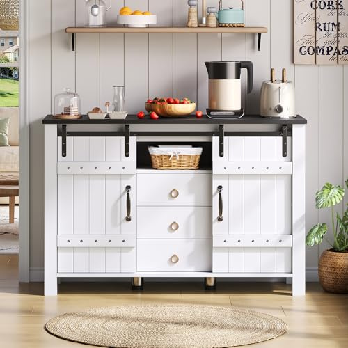 LARFOEK Küchenschrank Weiß, Sideboard mit 2 Schiebetüren und 3 Schubladen, Aufbewahrungsschrank Buffetschrank für Wohnzimmer Küche Esszimmer, Landhausstil, 120 x 40 x 80 cm