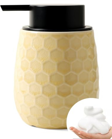 ANTIS'S HOME Ceramic Foaming Soap Dispenser, 320ml Yellow Honeycomb Design with Crackle Finish, Large Pump Head, Refillable Soap Dispenser for Modern Bathroom & Kitchen