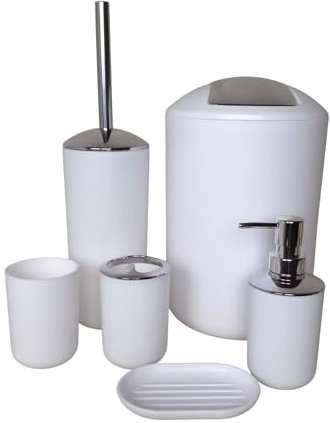 G.mütlich Badezimmer Set 6-teilig, Badaccessoires Komplettset Kunststoff, WC Garnitur mit Klobürste, Mülleimer, Zahnputzbecher, Seifenspender & Schale, Bad Zubehör Deko (Weiß)