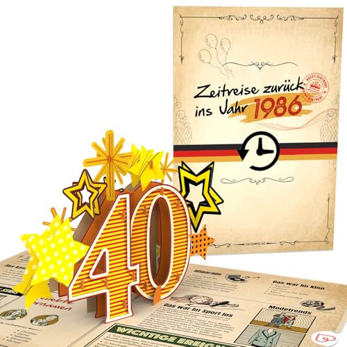 papercrush Pop-Up Karte „Zurück ins Jahr 1986“, 3D Geburtstagskarte zum 40. | Besondere Glückwunschkarte 40 Jahre mit lustigen Fakten zum Geburtsjahrgang, Lustige Glückwünsche für Frau & Mann