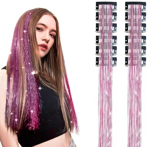 KLINNA 12 pezzi Kit di estensioni per capelli brillanti con clip, ciocche di capelli glitterate Lametta, clip per trecce per ragazze e bambini, estensioni dei capelli 50 cm (rosso violaceo)