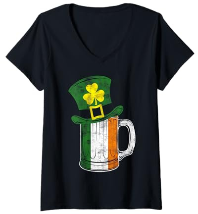 Femme Chope à bière Irlandaise et Chapeau Shamrock T-Shirt avec Col en V