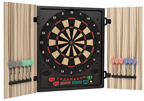 OneConcept - Dartmaster 180 Dartautomat, Dartscheibe elektronisch, E-Darts, Dartboard mit bis zu 8 Spieler, virtueller Gegner, LED-Anzeigen, 12 Pfeile, Beige